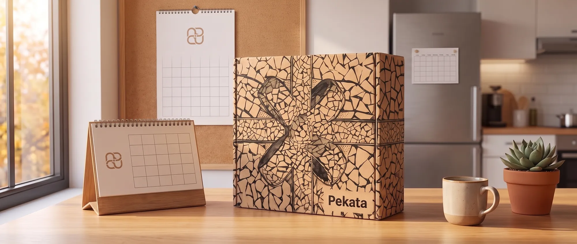 Stolový kalendár a nástenný kalendár s logom firmy na pracovnom stole vedľa krabice Pekata a magnetický kalendár na dverách chladničky