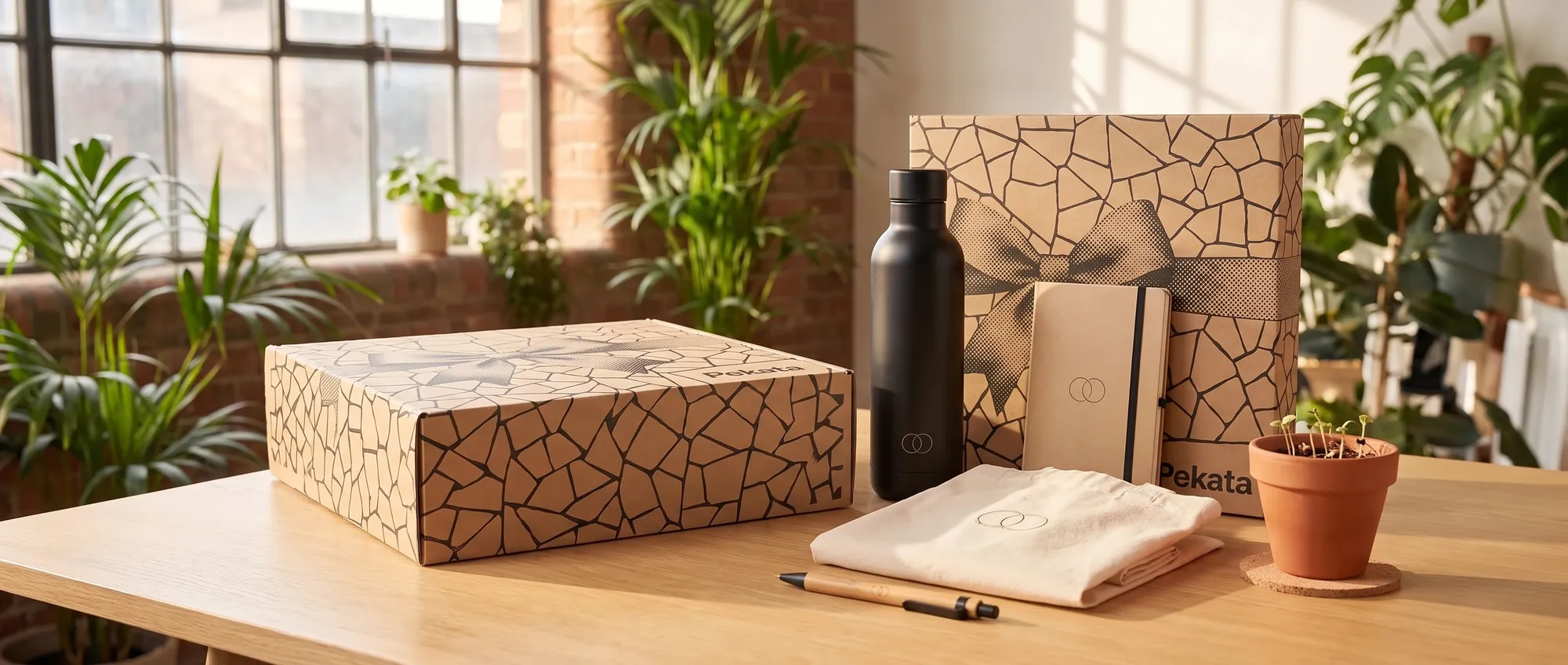 Udržateľný merchandising s rovnakým logom (oceľová fľaša, recyklovaný zápisník, taška z organickej bavlny, bambusové pero a kvetináč so semienkami) vedľa krabice Pekata