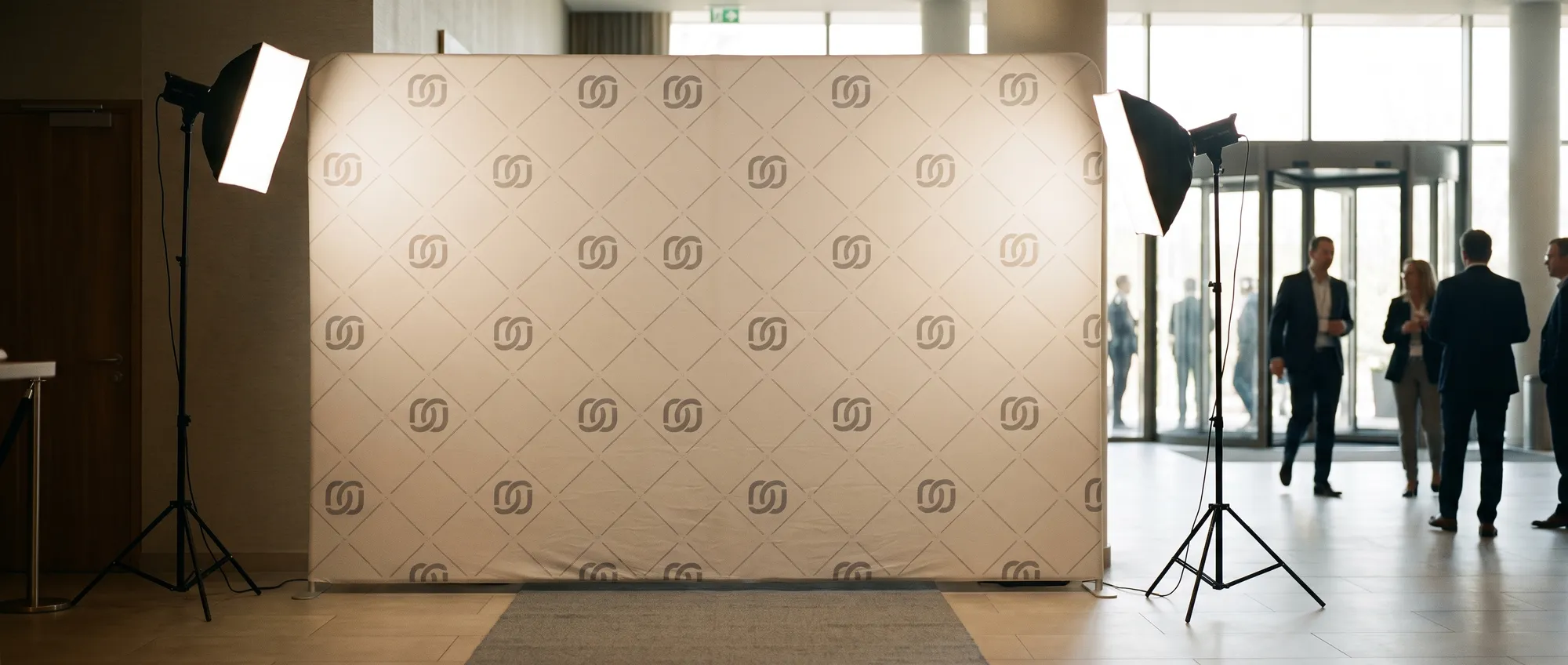 Napínaná textilná fotostena široká 3 metre s logom firmy opakovaným v mozaike, postavená pri vstupe na firemný event