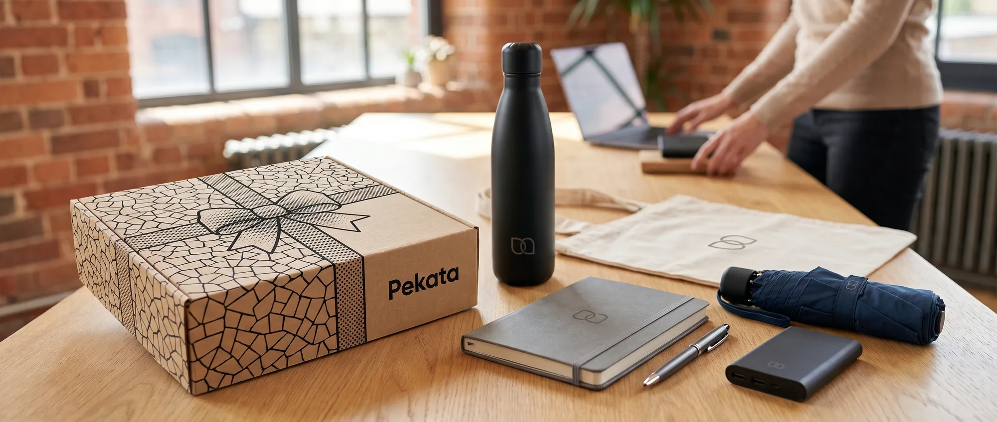 Výber firemných darčekov s rovnakým logom na marketingovom stole vedľa krabice Pekata