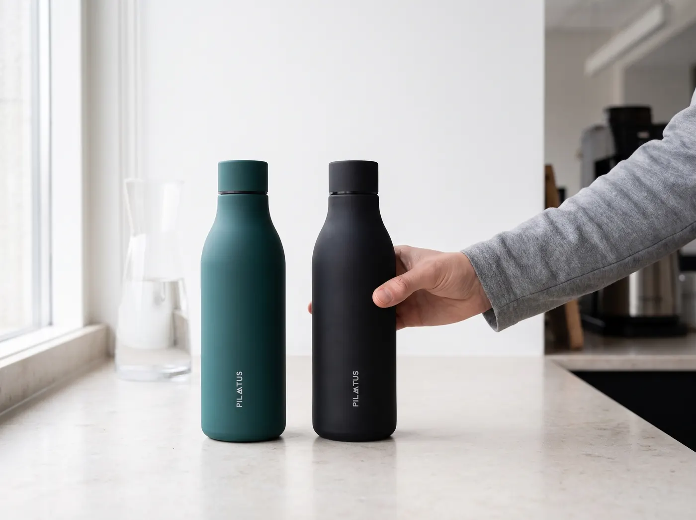 Two Pilatus thermal bottles, green and black, on an office countertop