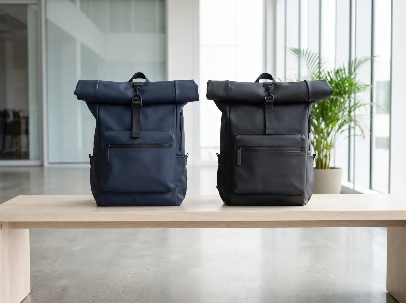 Two Pilatus Urban backpacks, navy blue and black, on a bench in an office lobby